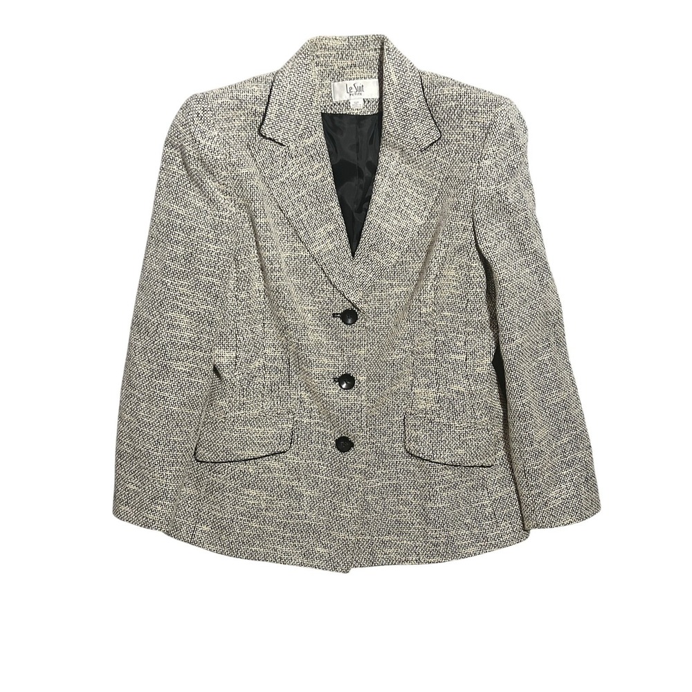 Le Suit Women's 10P Petite Black White Tweed Blazer Jacket Office Career